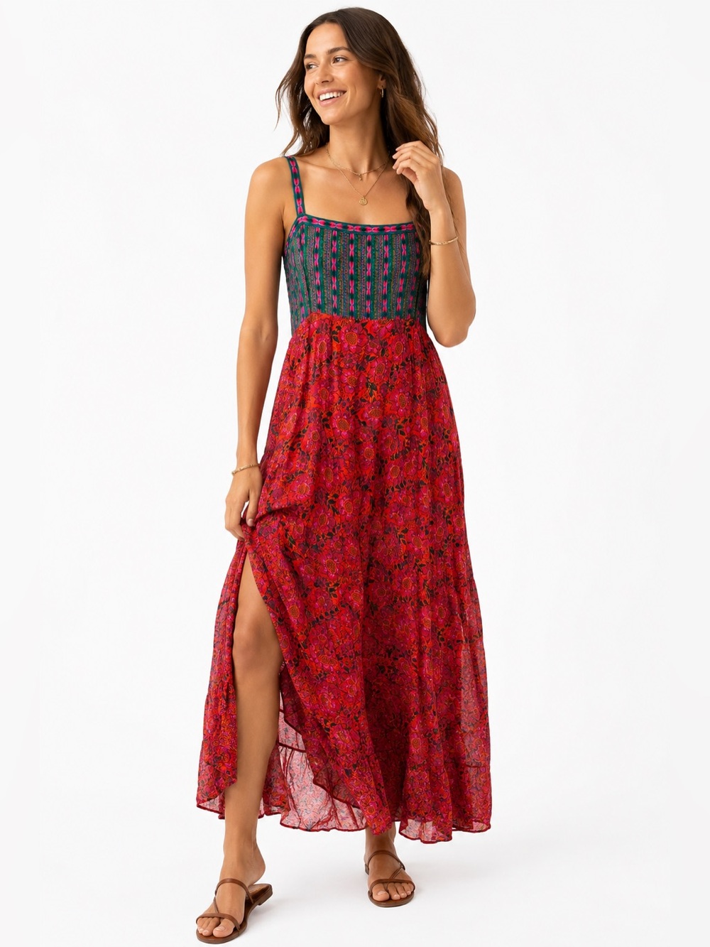 Natural Life Mixed Floral Side Slit Midi Dress